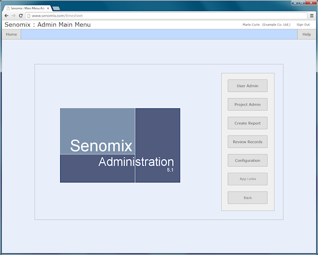 Senomix administration main menu screen