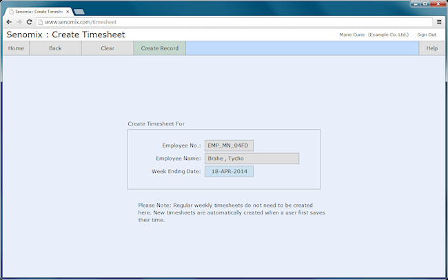 administration create timesheet screen