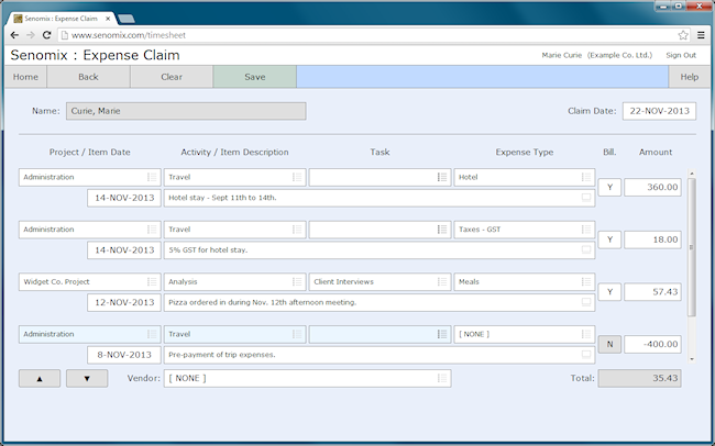 expense claim entry screen