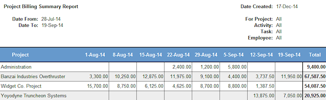 project billing summary report