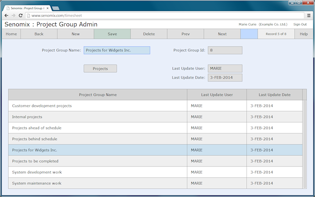 project group administration screen