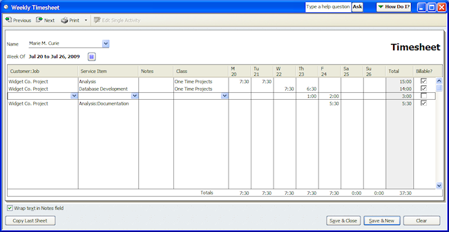 quickbooks timesheet with blank line
