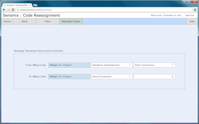 timesheet billing code reassignment screen