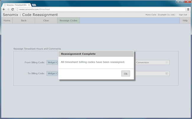 timesheet billing code reassignment complete