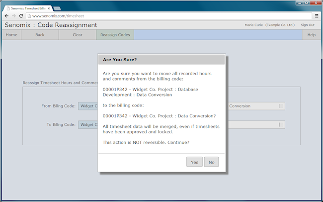 timesheet billing code reassignment confirmation prompt