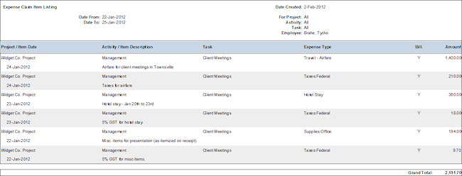 report expense item listing