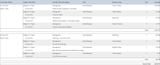 report expense listing only billable items