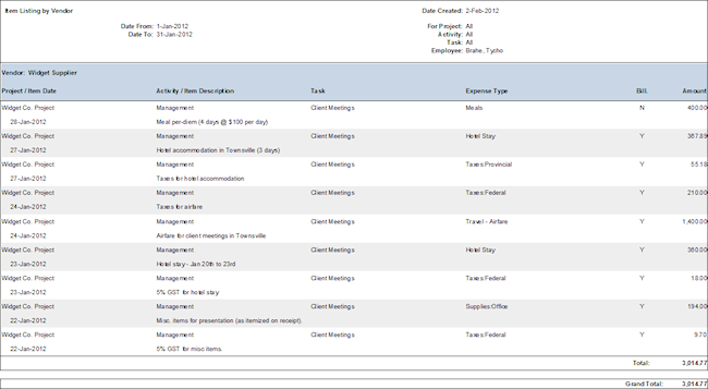 report expense item listing by vendor