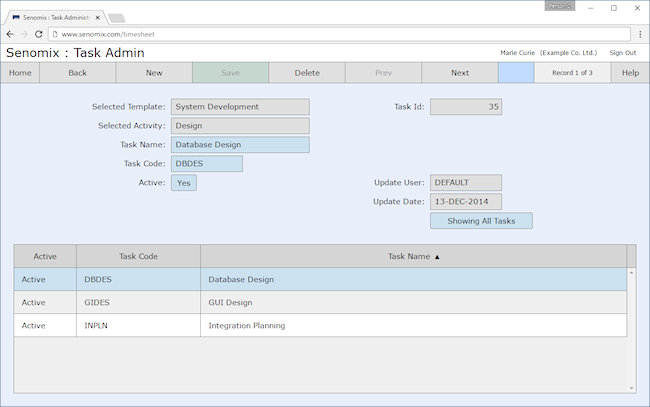 task administration screen