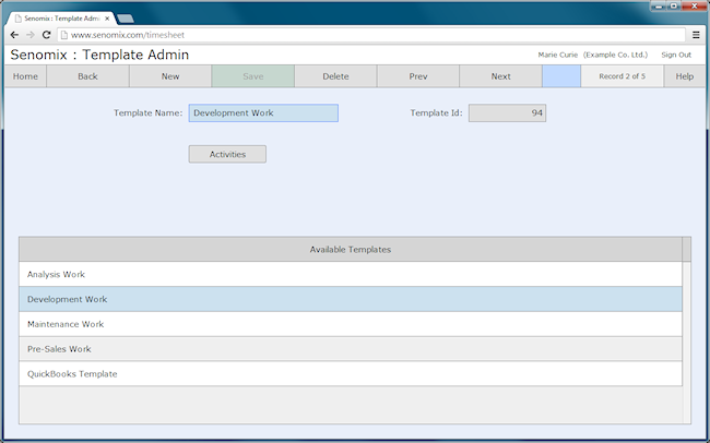 template administration screen