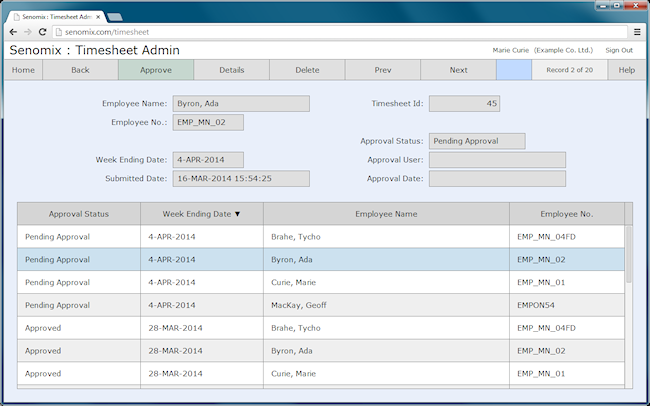 timesheet administration screen