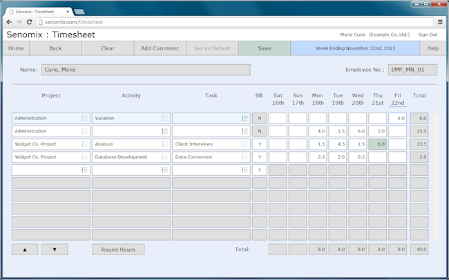 timesheet entry screen