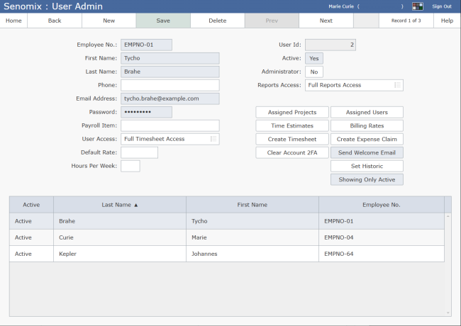 user administration screen