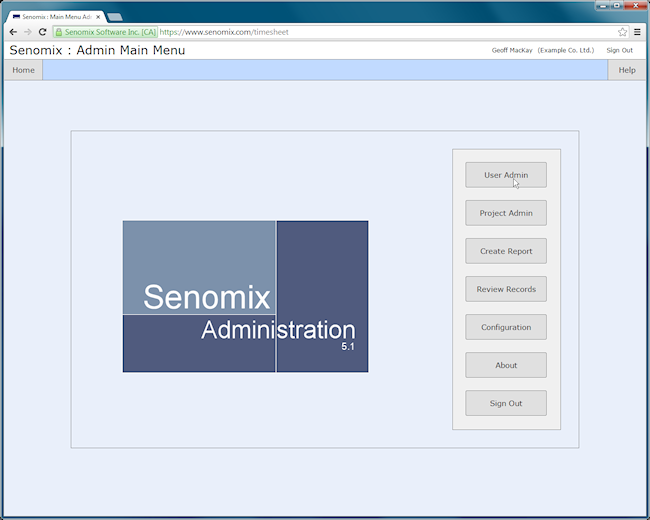 Senomix admin main menu