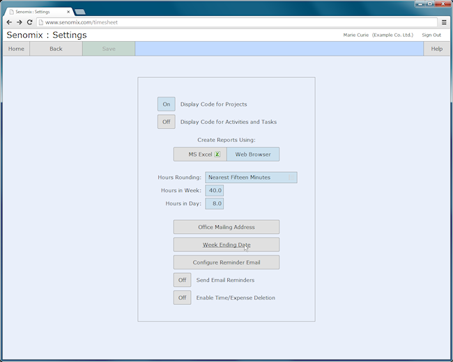 Senomix admin settings screen