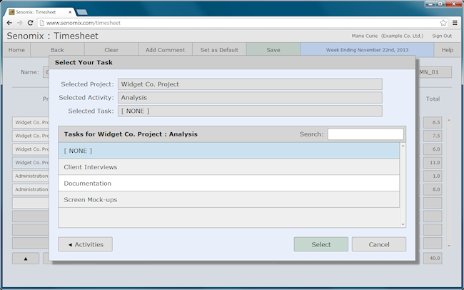 Timesheet task selection