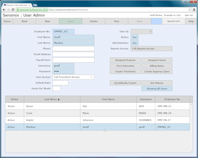 Senomix admin user screen