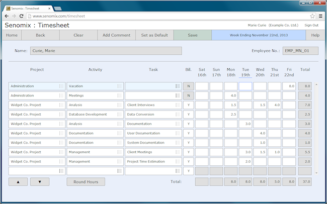 timesheet at bottom row