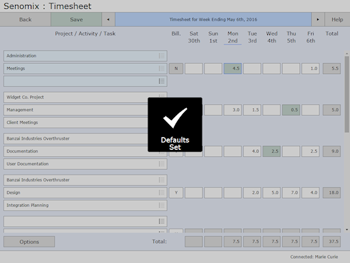 Timesheet defaults set