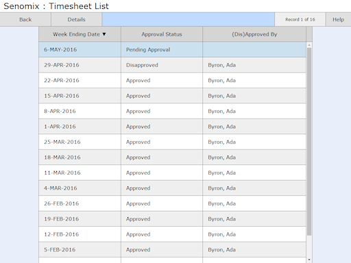 Timesheet listing screen