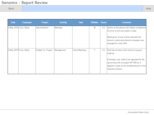 Printable timesheet comments on iPad