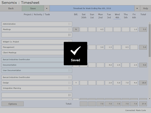 Senomix iPad timesheet saved