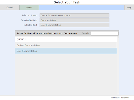 Timesheet task selection