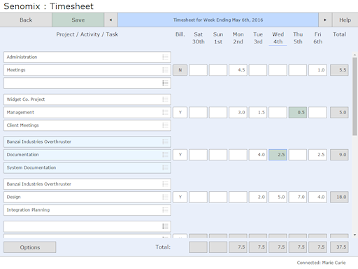 Timesheet task selected