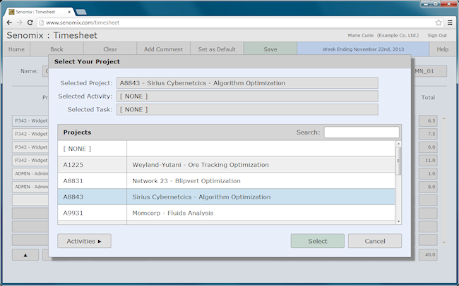 code selector projects with project code