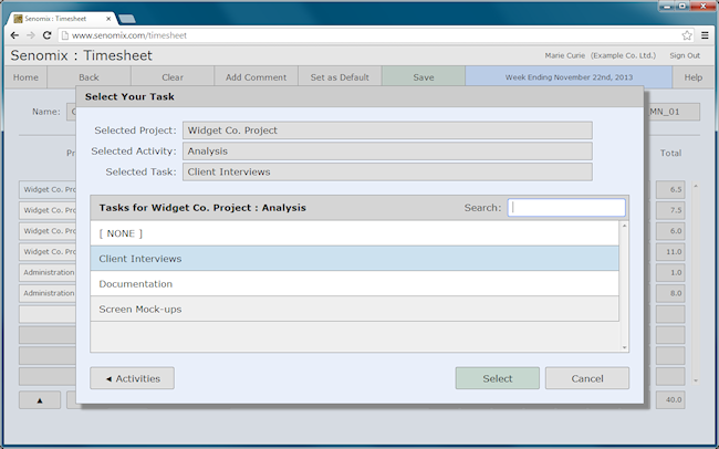 time tracking billing code selector