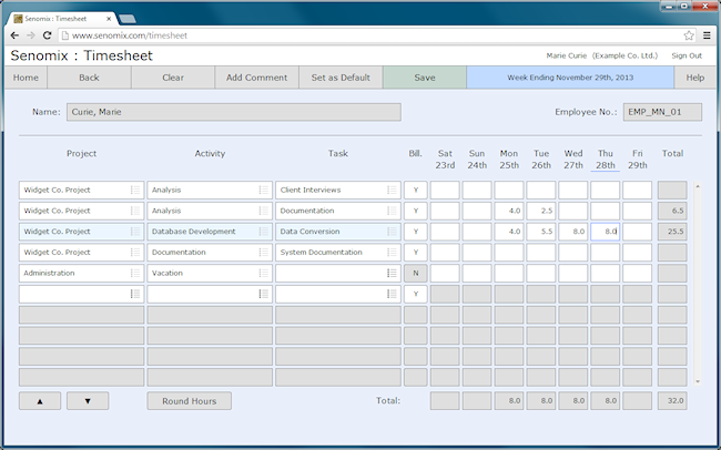 entered time sheet using defaults