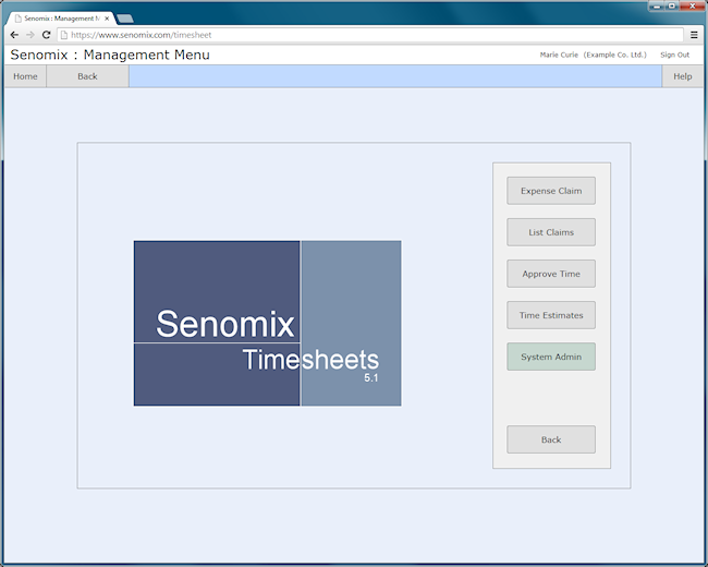 Senomix time and expense entry management sub-menu screen