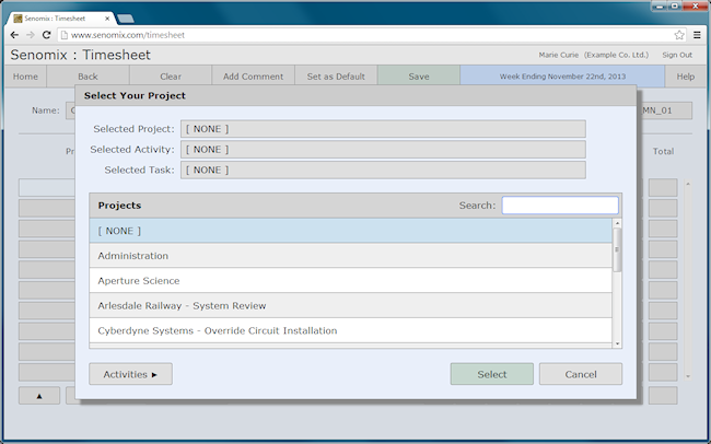 project selector on an empty timesheet