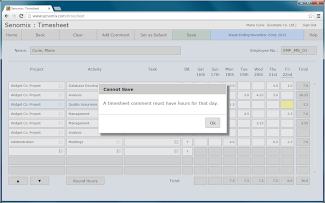 time sheet comment missing hours error