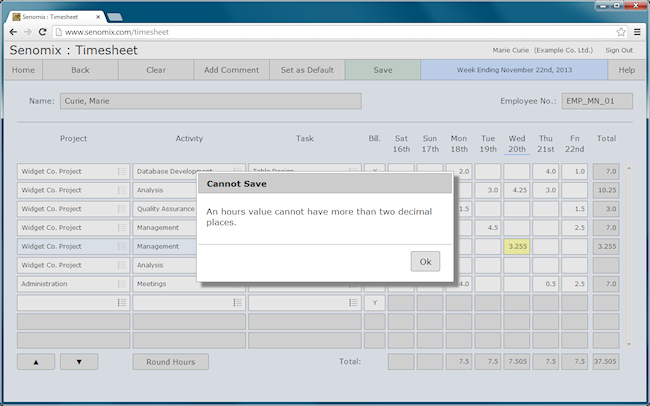 time sheet decimal places error