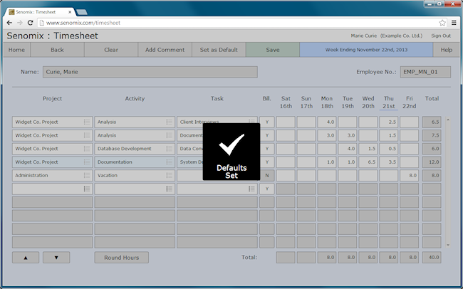 timesheet defaults set