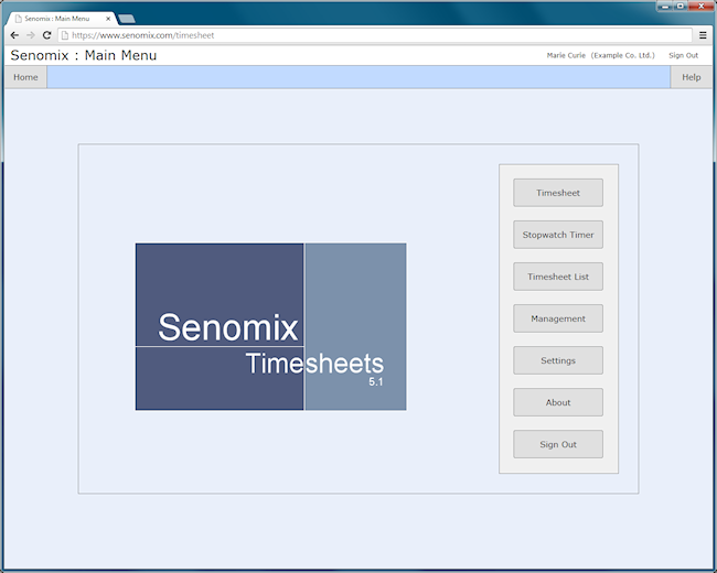 Senomix time and expense entry main menu screen