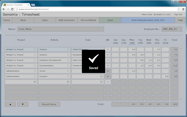 Senomix timesheet saved