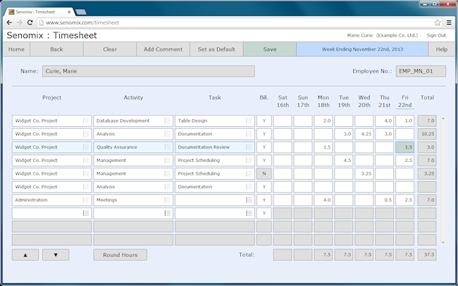 time sheet with comment and hours