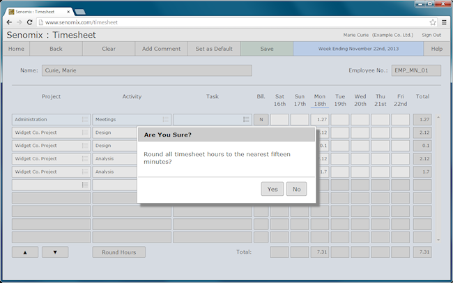 timesheet with hours rounding prompt